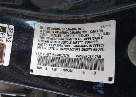 2011 Honda Civic Lx из США, поврежденный, VIN 2HGFA1F53BH536778